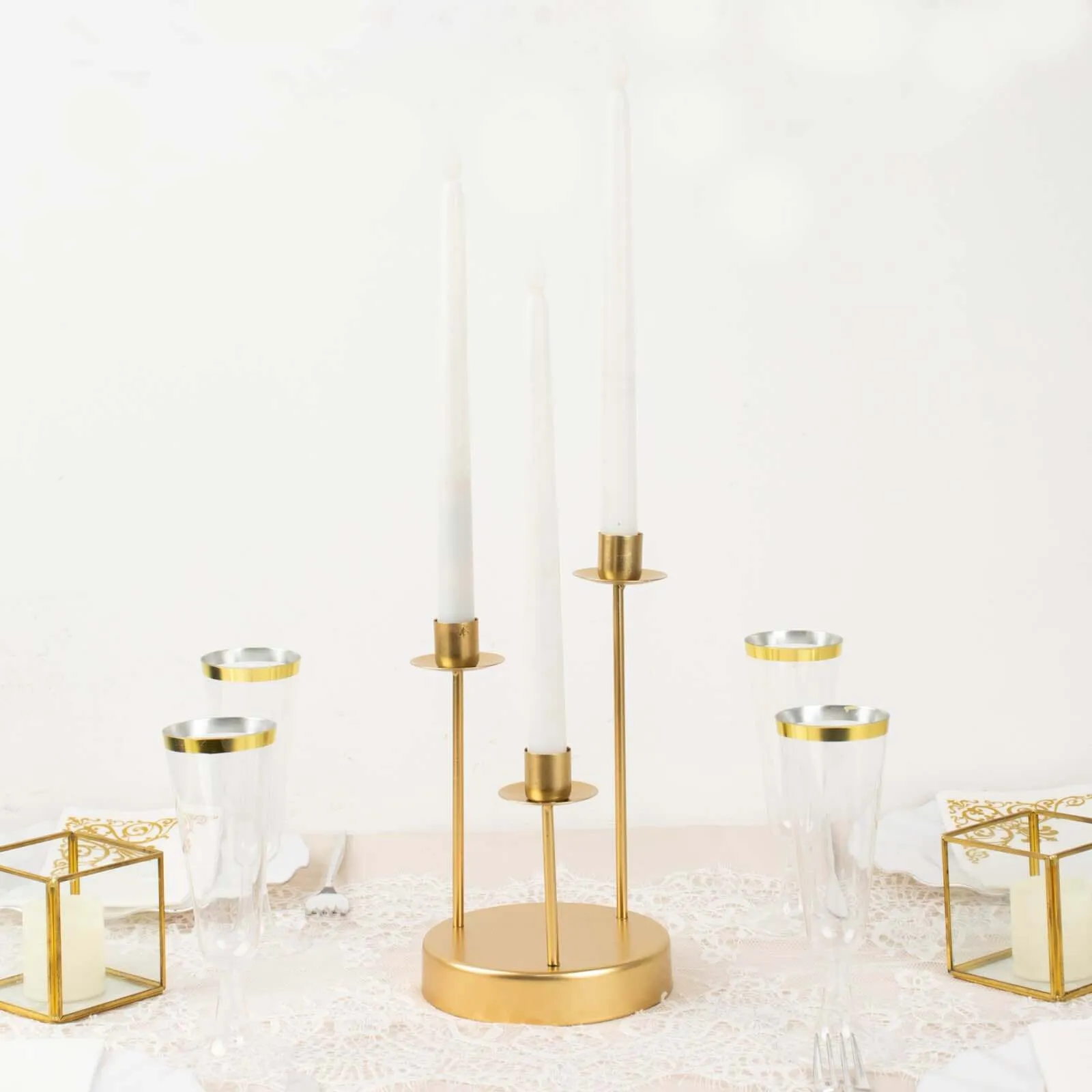 10" Tall Vintage Gold Metal 3-Arm Round Taper Candle Candelabra, Wedding Tabletop Candlestick Holder Centerpiece
