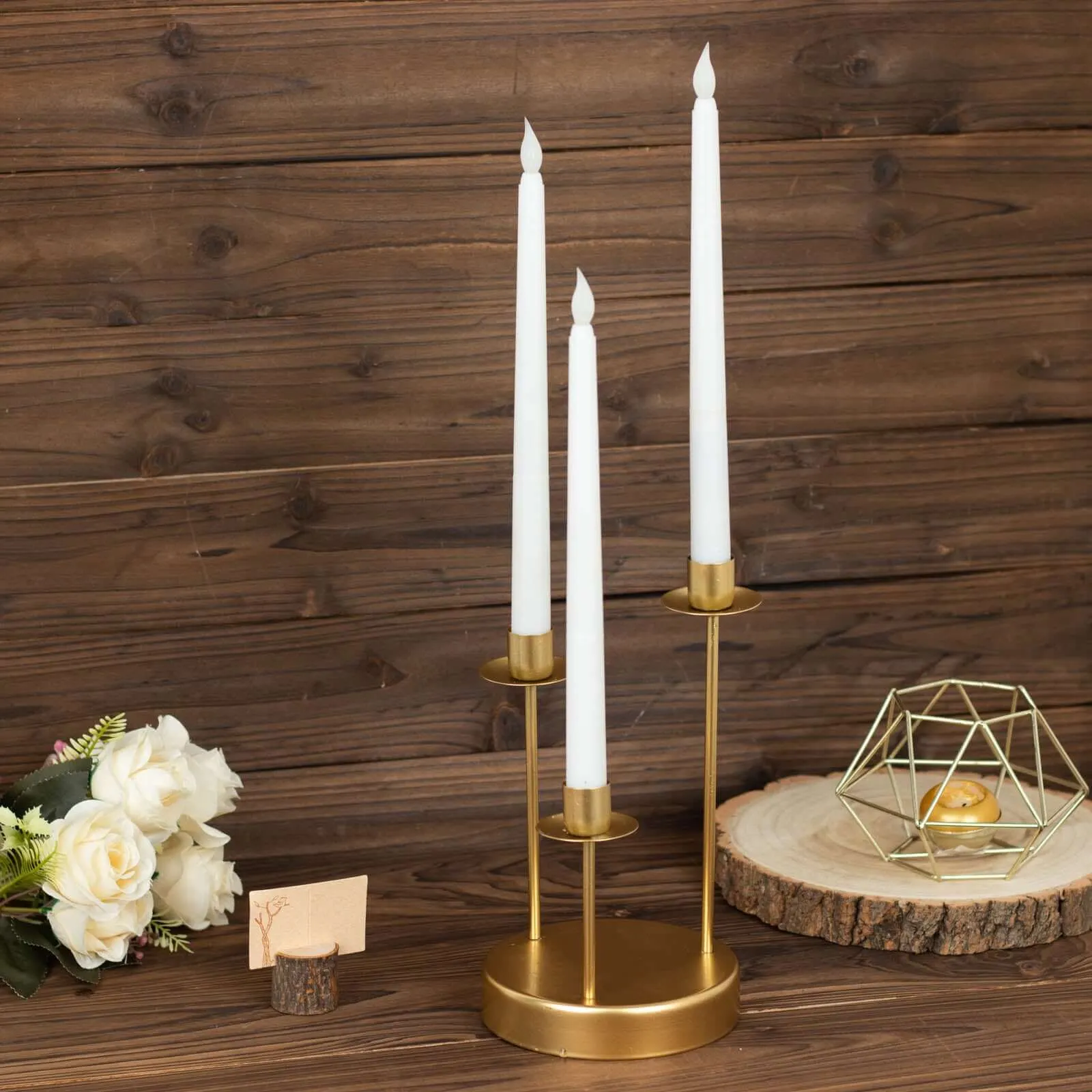 10" Tall Vintage Gold Metal 3-Arm Round Taper Candle Candelabra, Wedding Tabletop Candlestick Holder Centerpiece