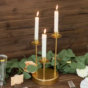 10" Tall Vintage Gold Metal 3-Arm Round Taper Candle Candelabra, Wedding Tabletop Candlestick Holder Centerpiece