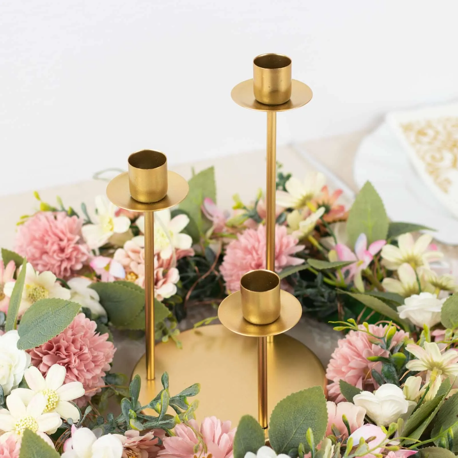 10" Tall Vintage Gold Metal 3-Arm Round Taper Candle Candelabra, Wedding Tabletop Candlestick Holder Centerpiece