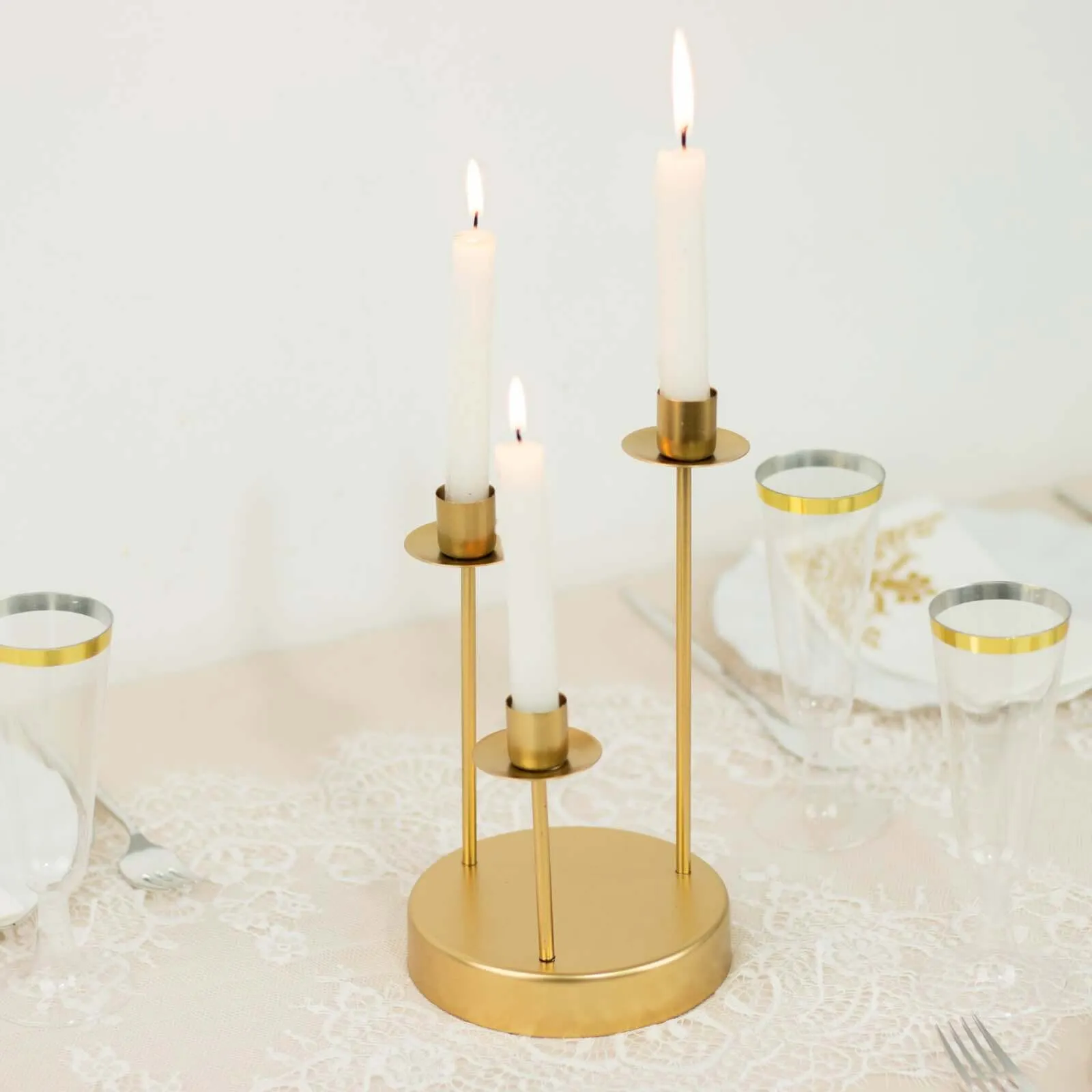 10" Tall Vintage Gold Metal 3-Arm Round Taper Candle Candelabra, Wedding Tabletop Candlestick Holder Centerpiece