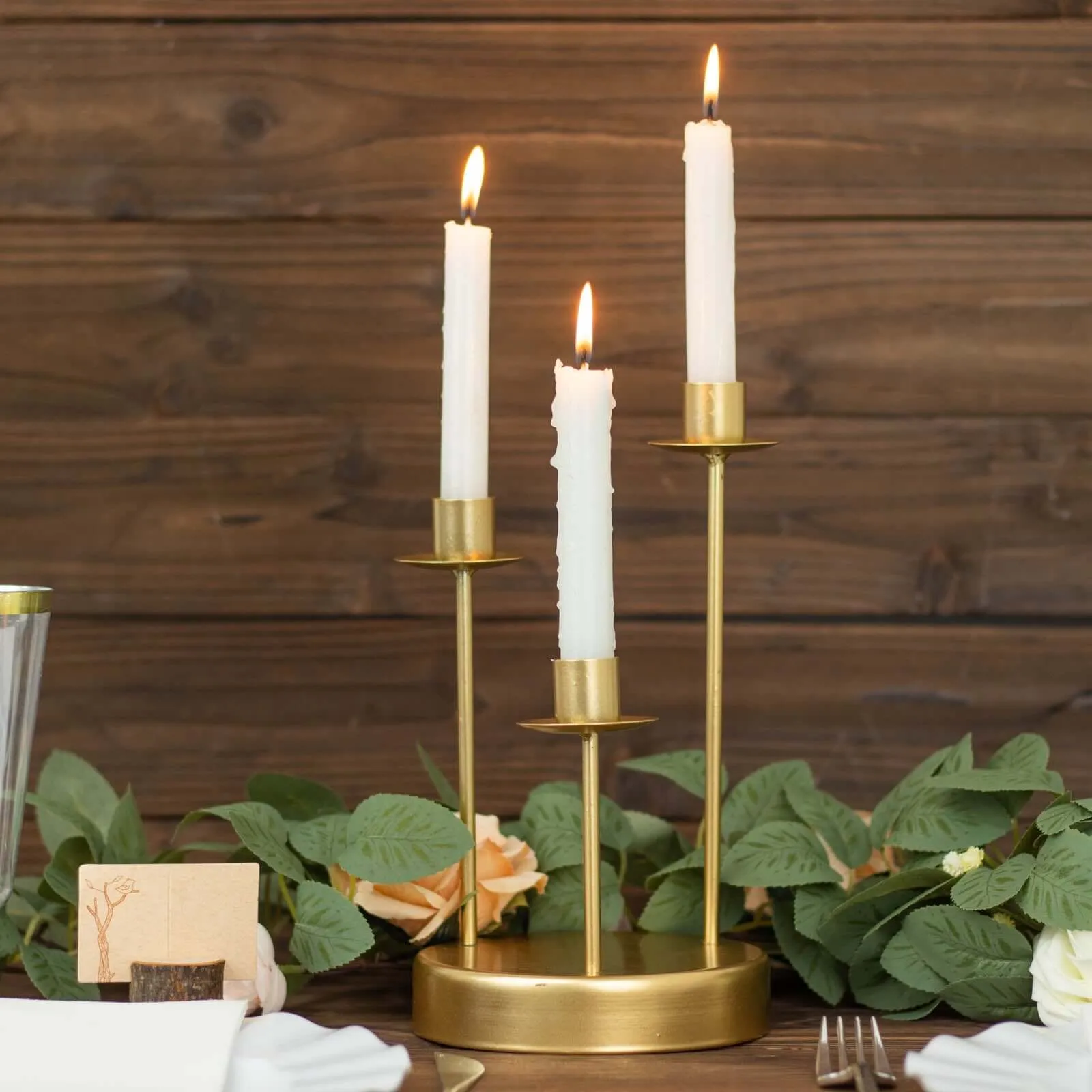10" Tall Vintage Gold Metal 3-Arm Round Taper Candle Candelabra, Wedding Tabletop Candlestick Holder Centerpiece