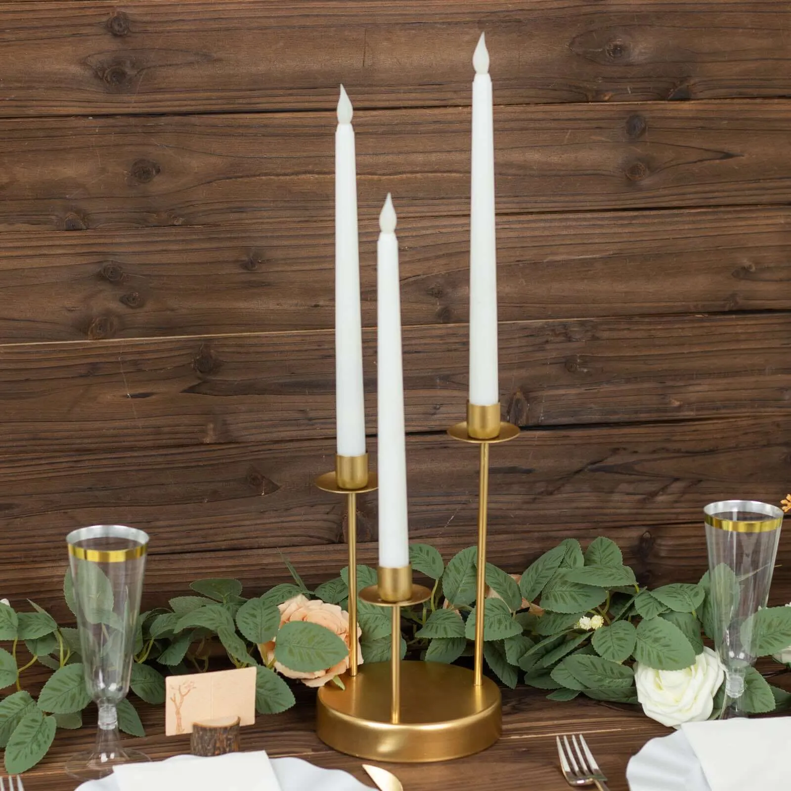 10" Tall Vintage Gold Metal 3-Arm Round Taper Candle Candelabra, Wedding Tabletop Candlestick Holder Centerpiece