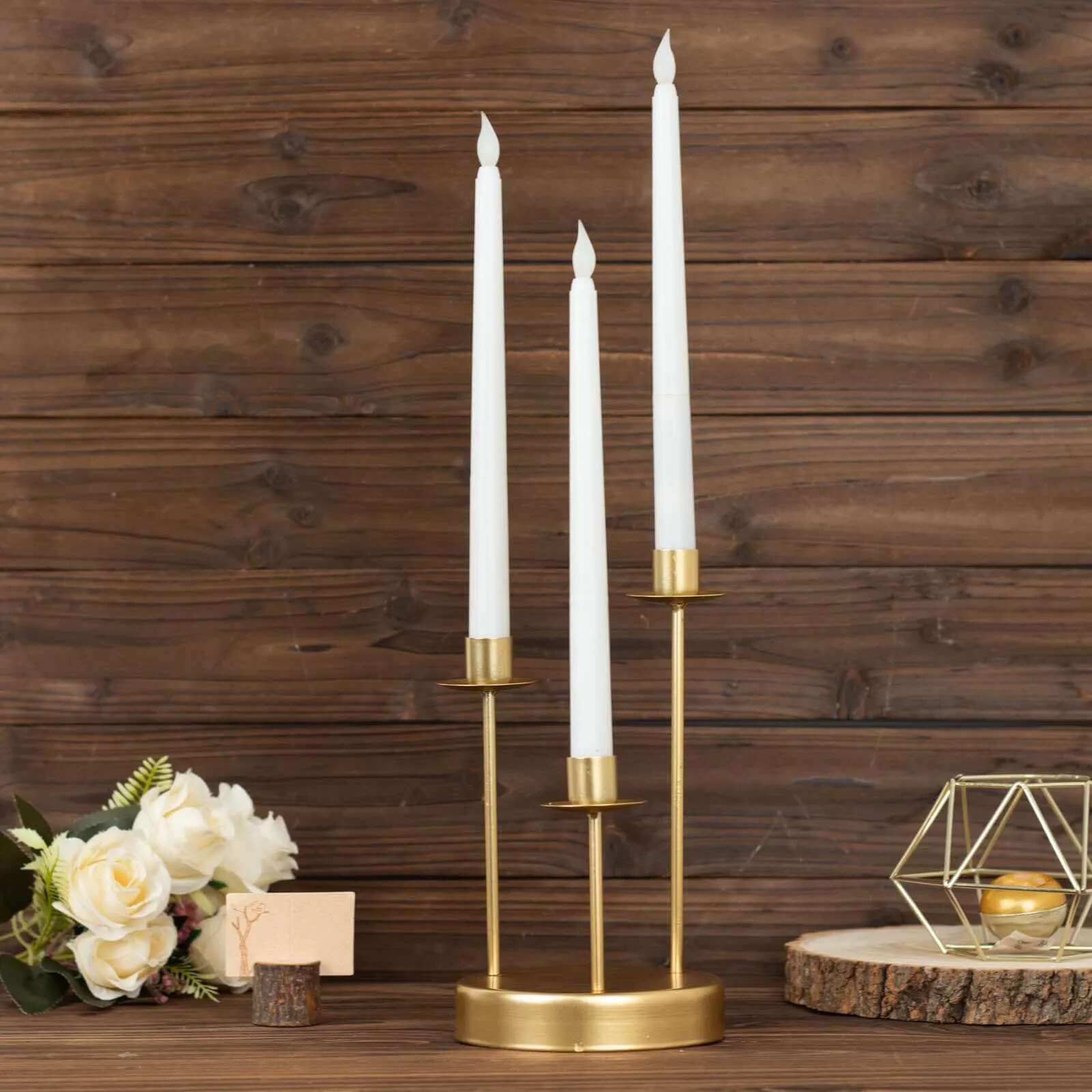 10" Tall Vintage Gold Metal 3-Arm Round Taper Candle Candelabra, Wedding Tabletop Candlestick Holder Centerpiece
