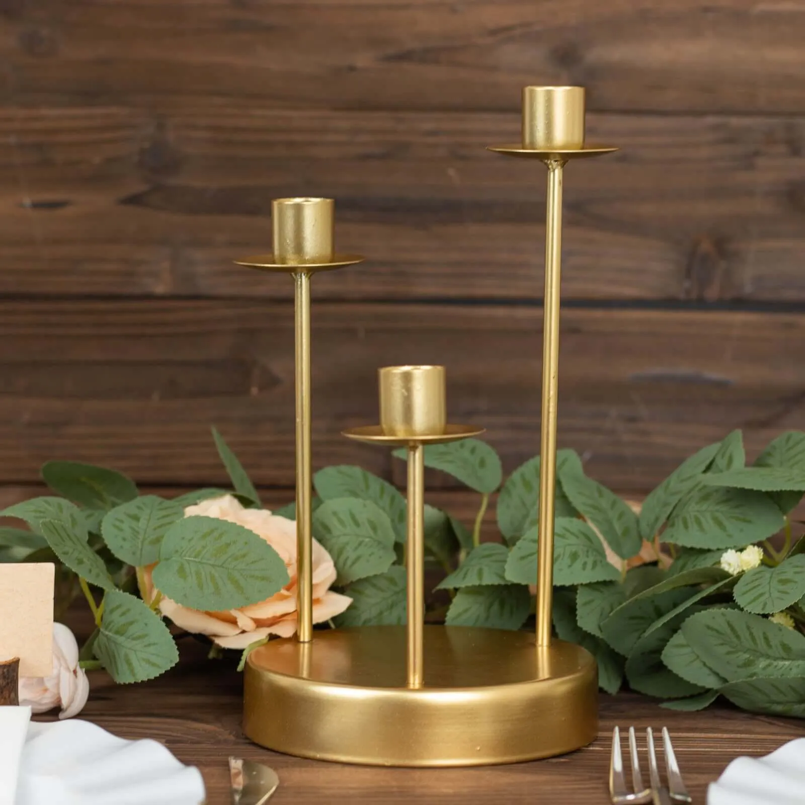 10" Tall Vintage Gold Metal 3-Arm Round Taper Candle Candelabra, Wedding Tabletop Candlestick Holder Centerpiece
