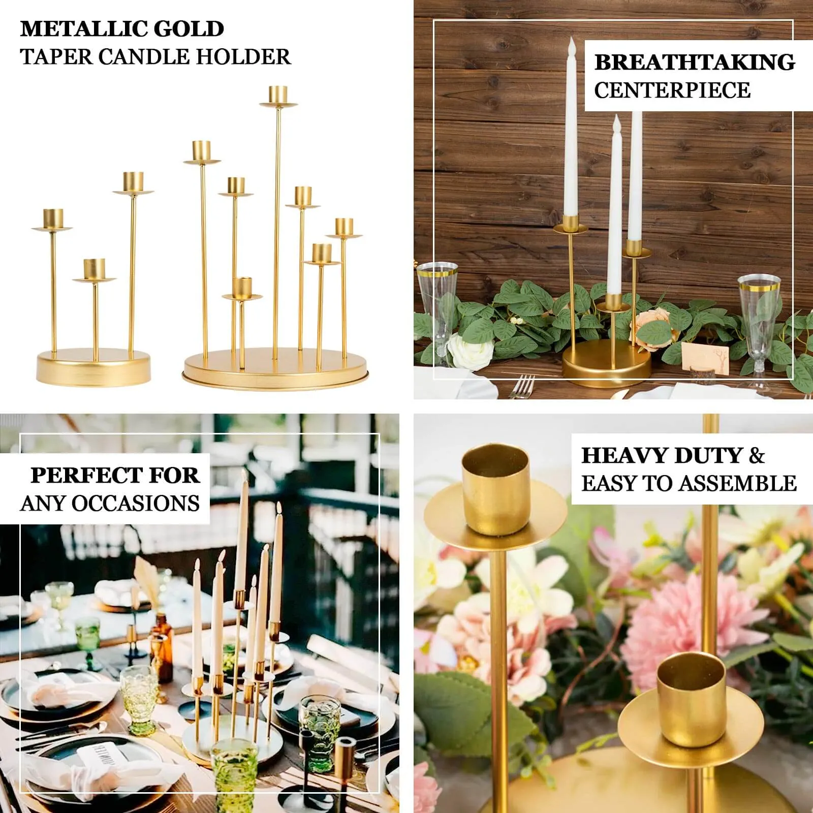 10" Tall Vintage Gold Metal 3-Arm Round Taper Candle Candelabra, Wedding Tabletop Candlestick Holder Centerpiece