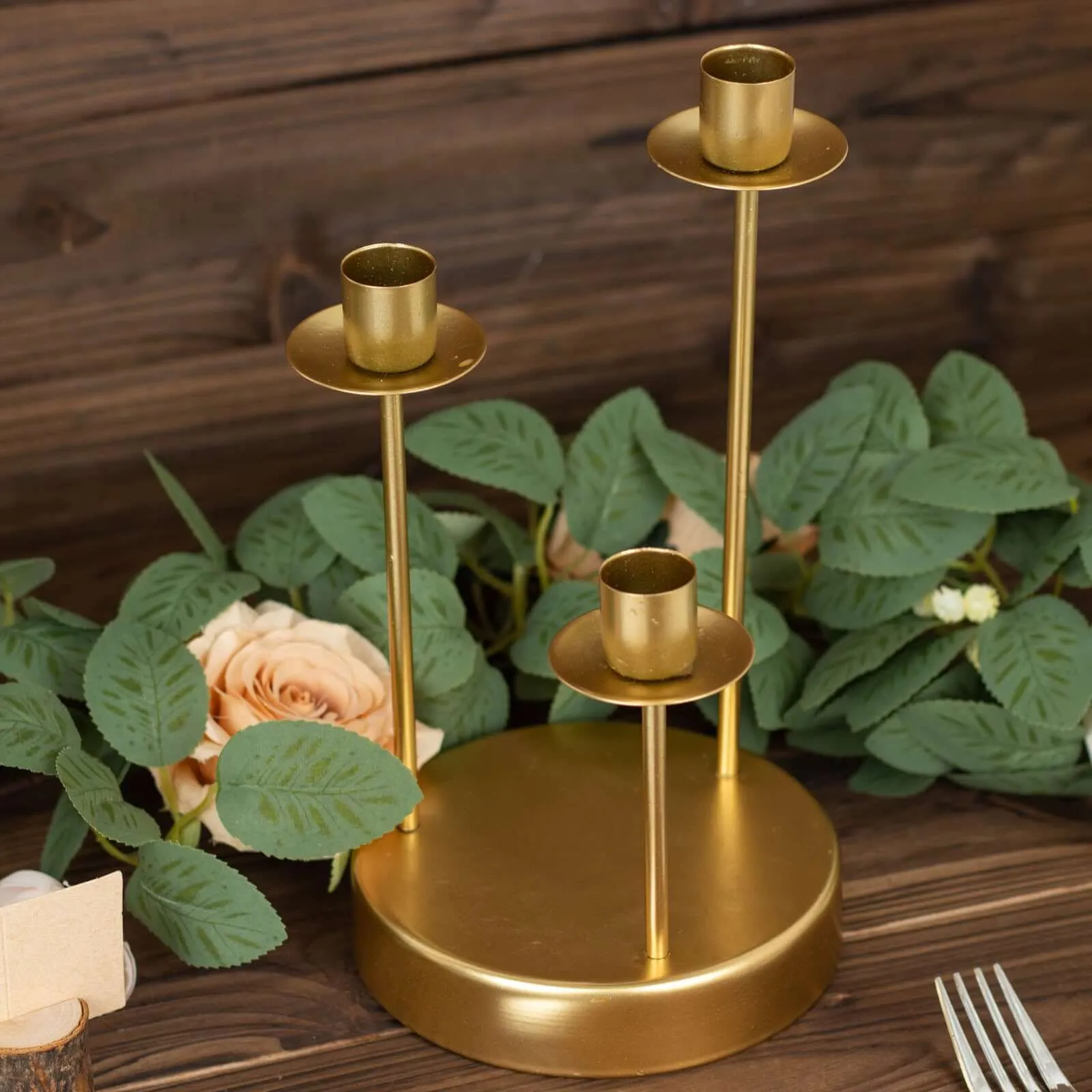 10" Tall Vintage Gold Metal 3-Arm Round Taper Candle Candelabra, Wedding Tabletop Candlestick Holder Centerpiece