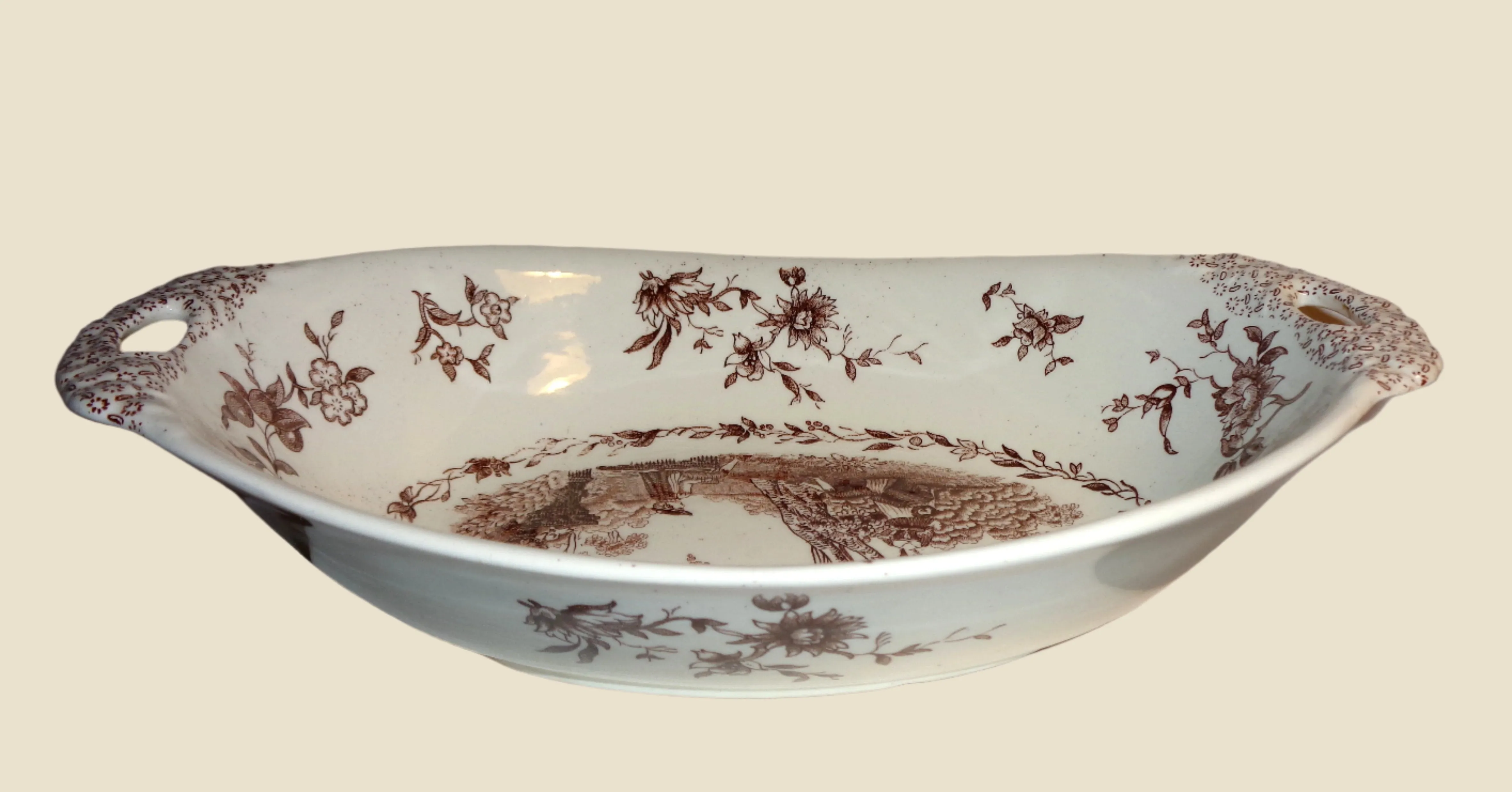 1920s Mason's Ironstone Watteau Brown Two Handled Serving Dish