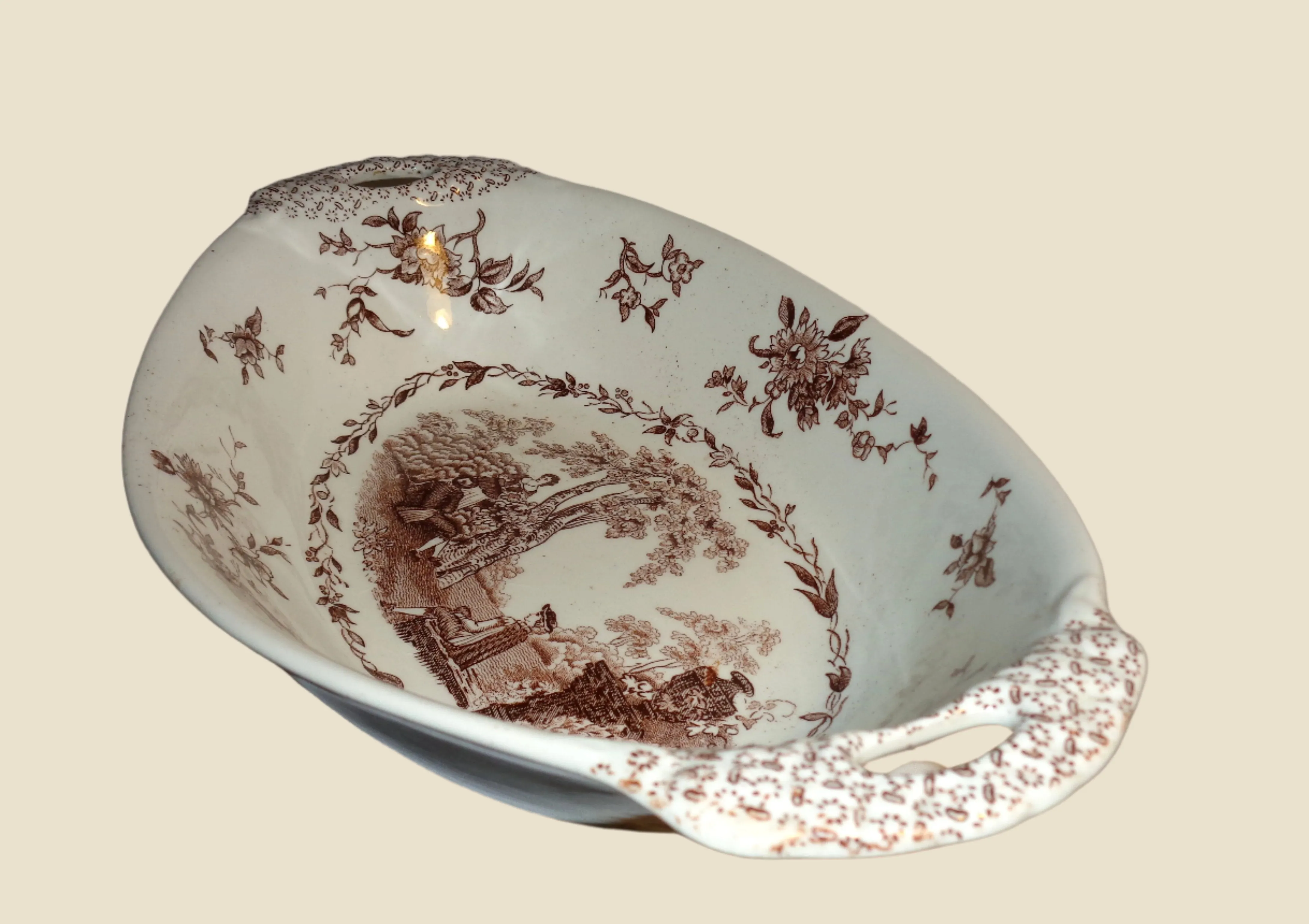 1920s Mason's Ironstone Watteau Brown Two Handled Serving Dish