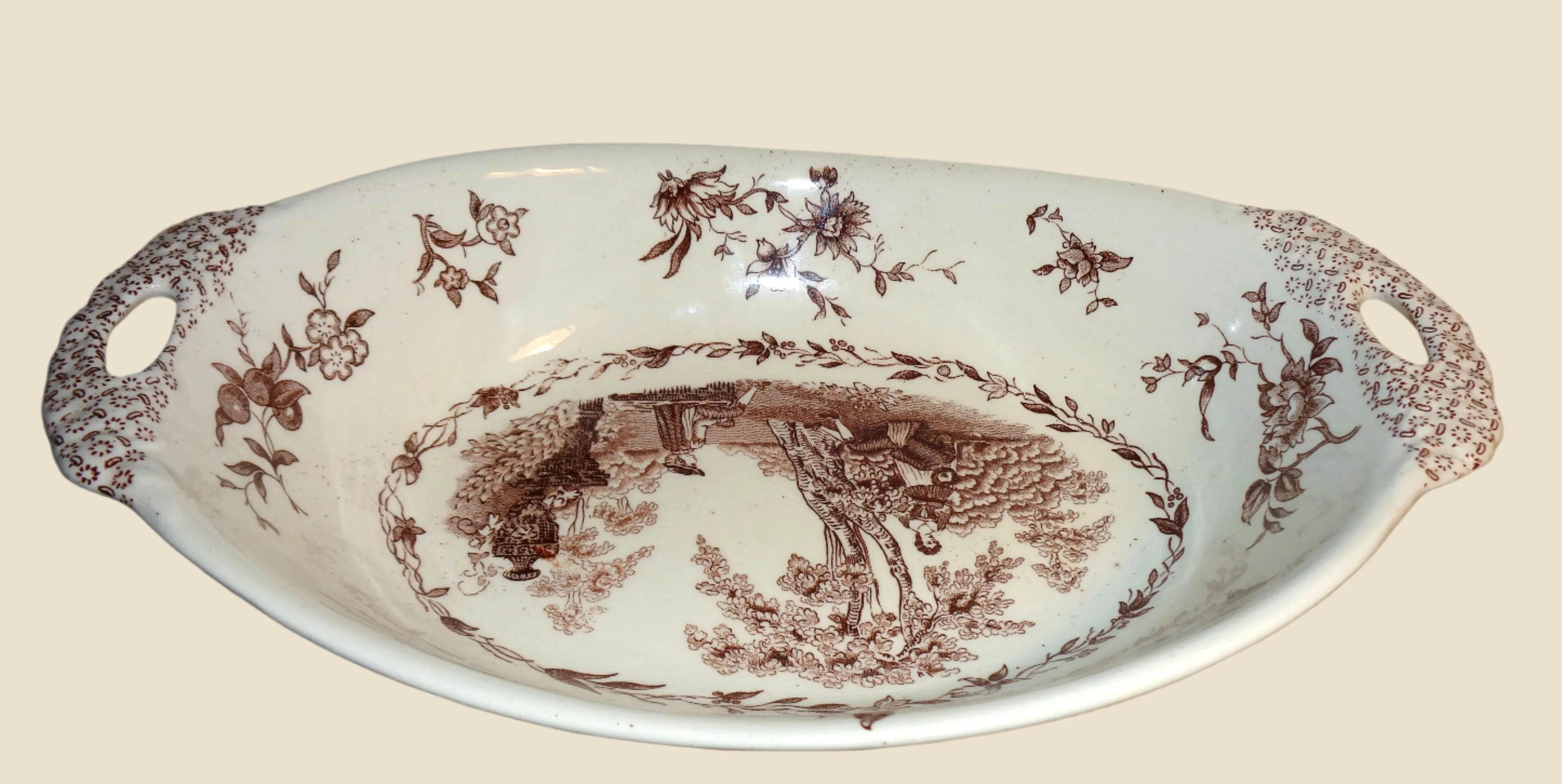 1920s Mason's Ironstone Watteau Brown Two Handled Serving Dish