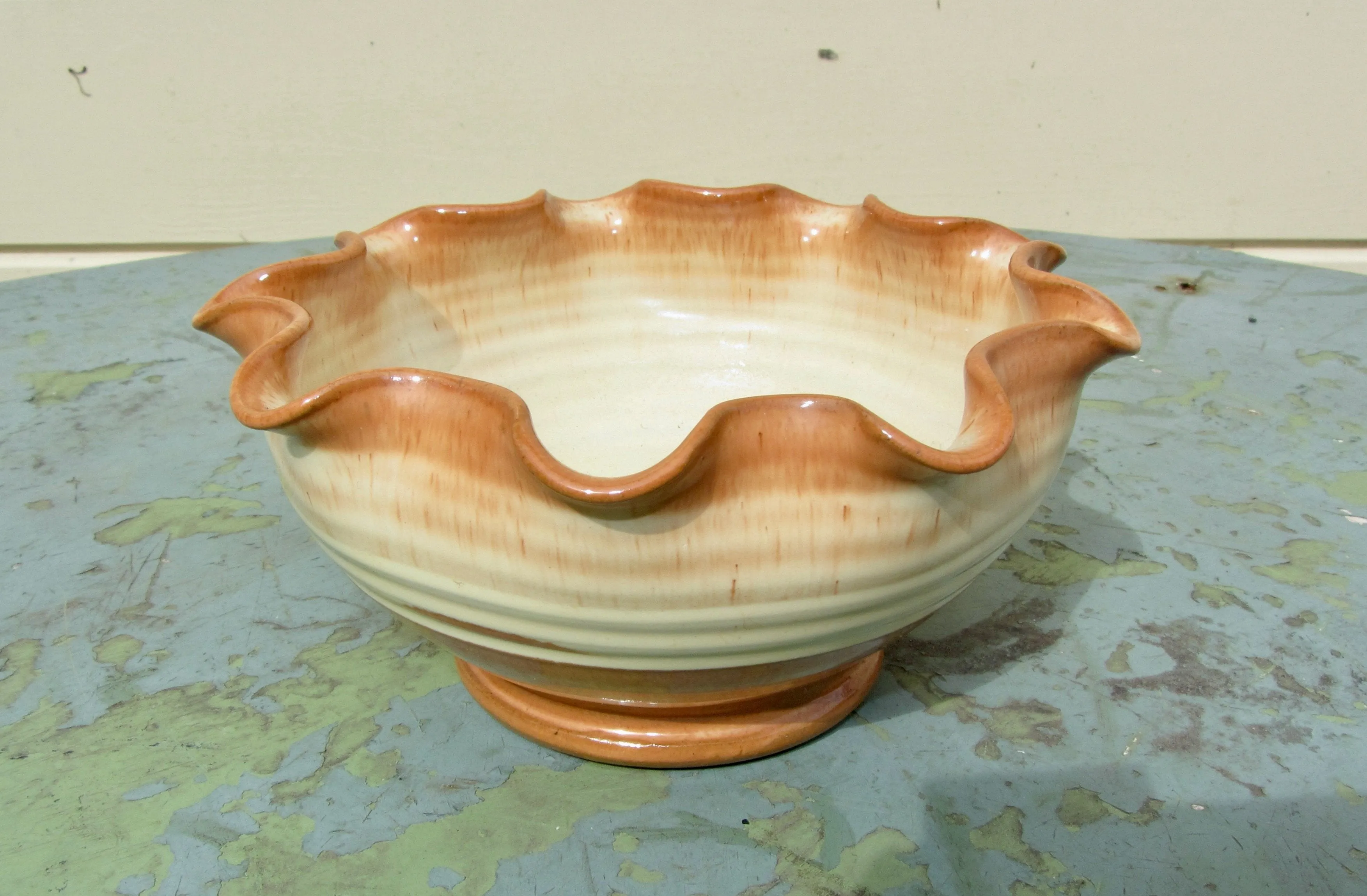 1950s Prinknash Abbey Pottery Fluted Brown and Cream Bowl