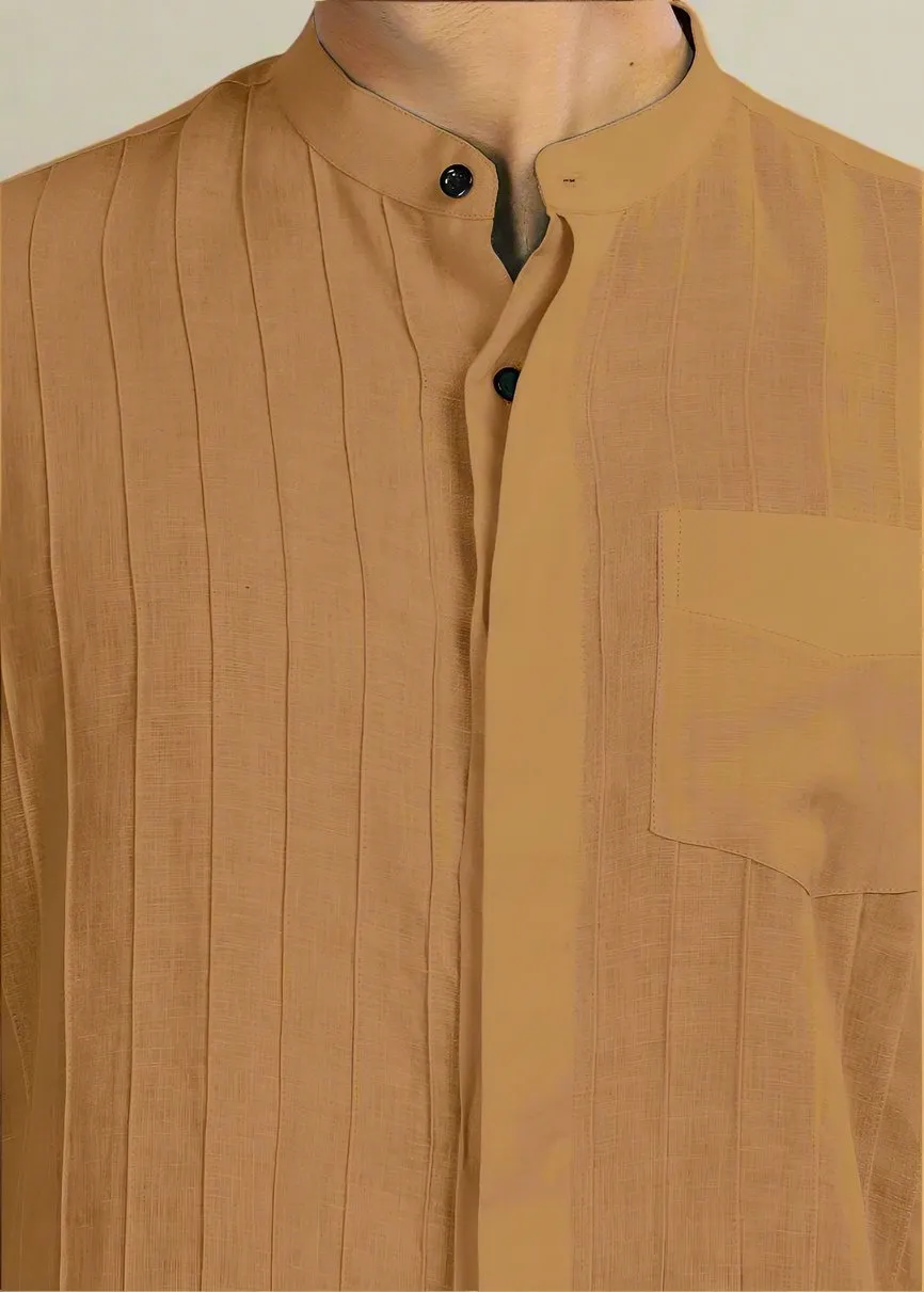 Arlo - Pure Linen Full Sleeve Shirt with Band Collar and Pin Tucks - Mustard Brown