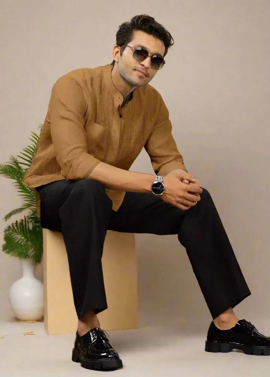 Arlo - Pure Linen Full Sleeve Shirt with Band Collar and Pin Tucks - Mustard Brown