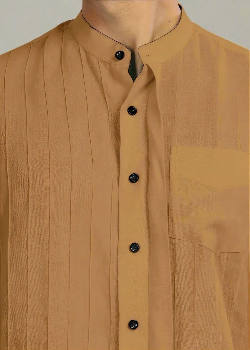 Arlo - Pure Linen Full Sleeve Shirt with Band Collar and Pin Tucks - Mustard Brown