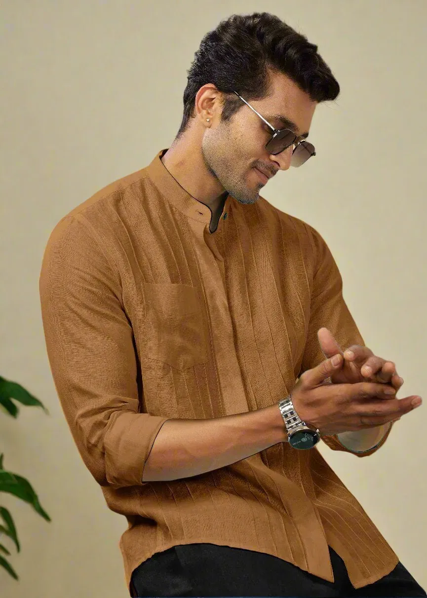 Arlo - Pure Linen Full Sleeve Shirt with Band Collar and Pin Tucks - Mustard Brown