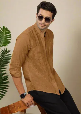 Arlo - Pure Linen Full Sleeve Shirt with Band Collar and Pin Tucks - Mustard Brown