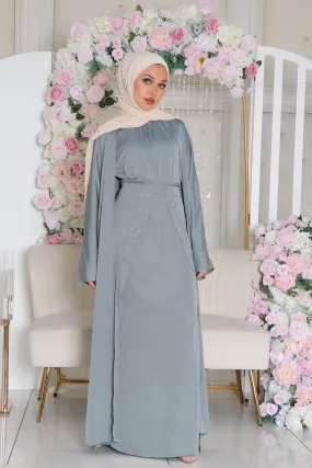 Aurora Beaded Tie Abaya Set- Mint Gray
