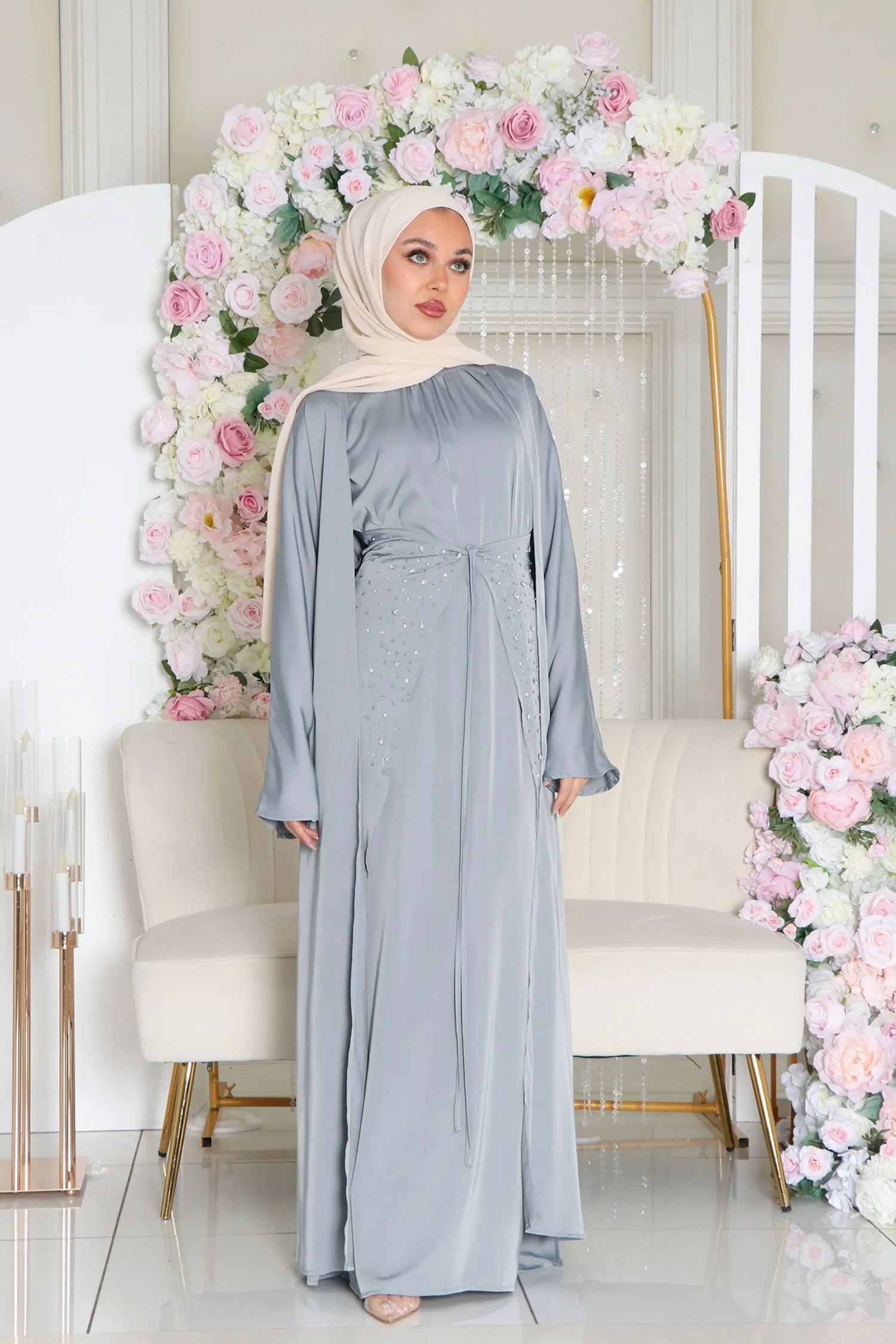 Aurora Beaded Tie Abaya Set- Mint Gray
