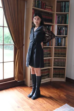 Black Linen & Lace Dress US 6, 80's Knee Length Jennifer Eden