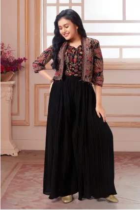 Black Sequins, Stone and Multicolor Embroidery work Overcoat Styled Palazzo Set for Girls