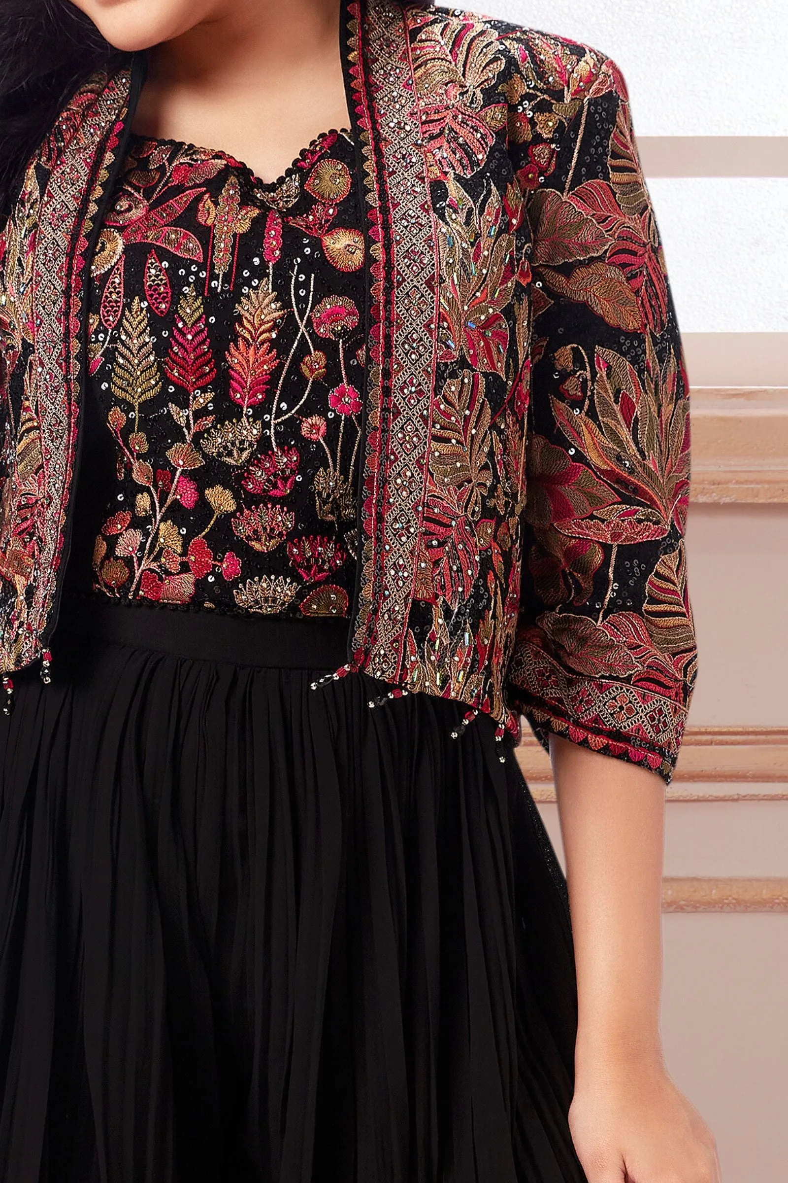 Black Sequins, Stone and Multicolor Embroidery work Overcoat Styled Palazzo Set for Girls