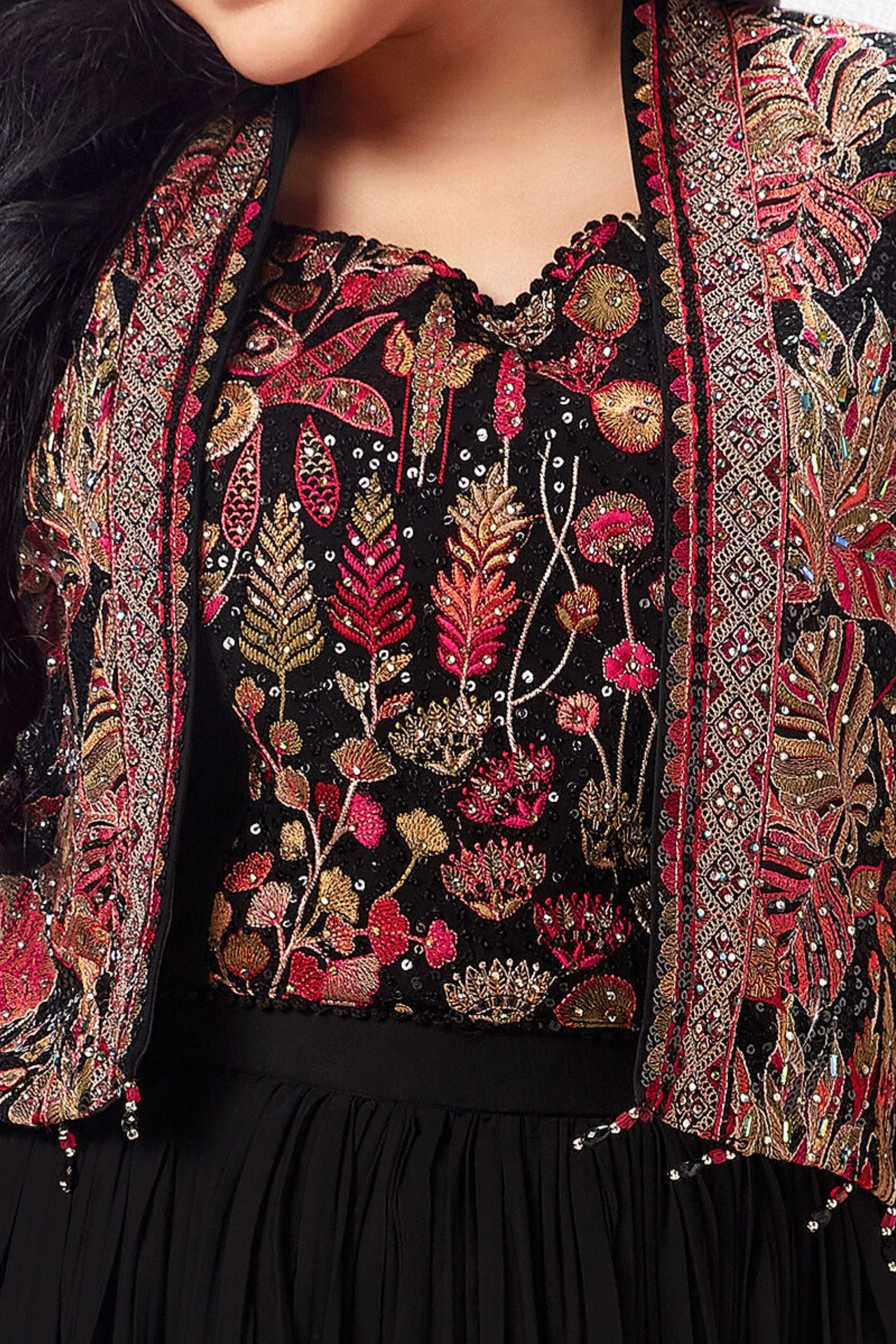 Black Sequins, Stone and Multicolor Embroidery work Overcoat Styled Palazzo Set for Girls
