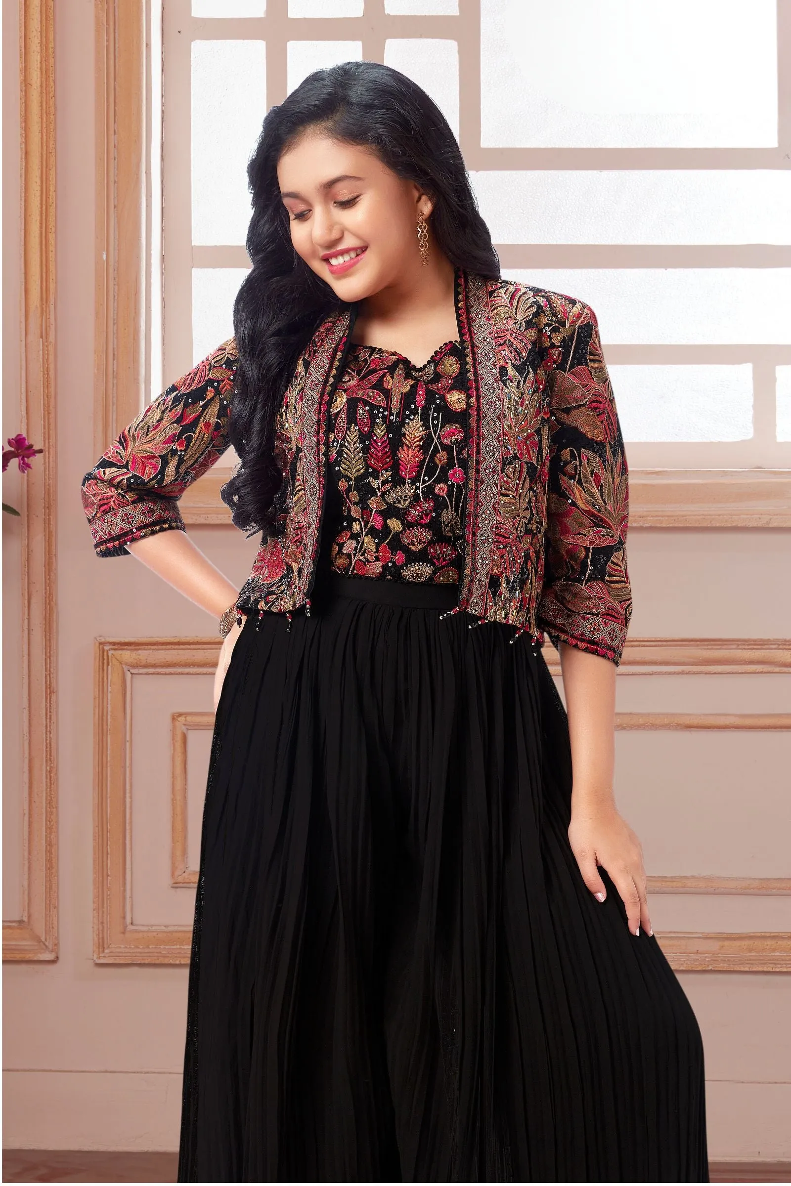 Black Sequins, Stone and Multicolor Embroidery work Overcoat Styled Palazzo Set for Girls