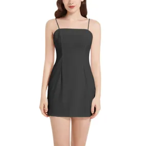 Black Sleeveless Square Neckline Spaghetti Strap Mini Dress