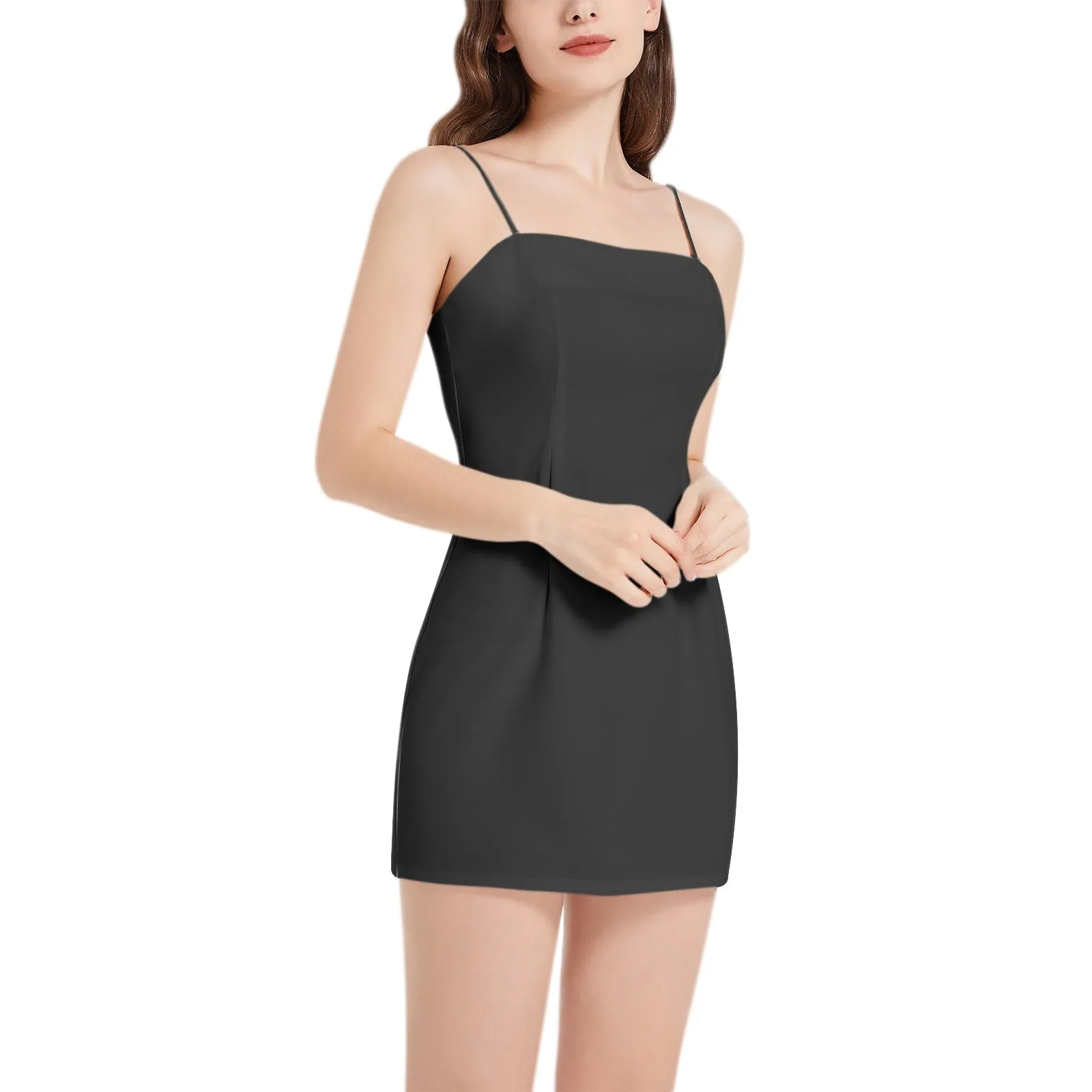 Black Sleeveless Square Neckline Spaghetti Strap Mini Dress