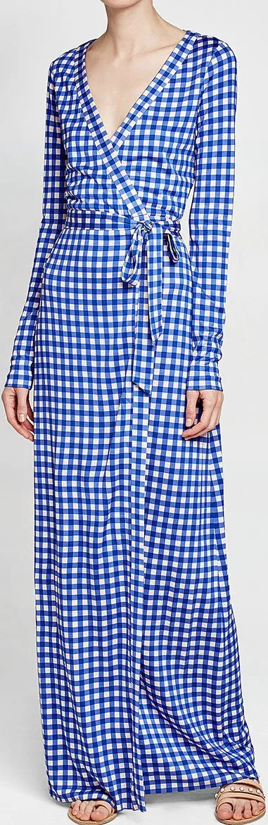 Blue & White Gingham Wrap Maxi Dress