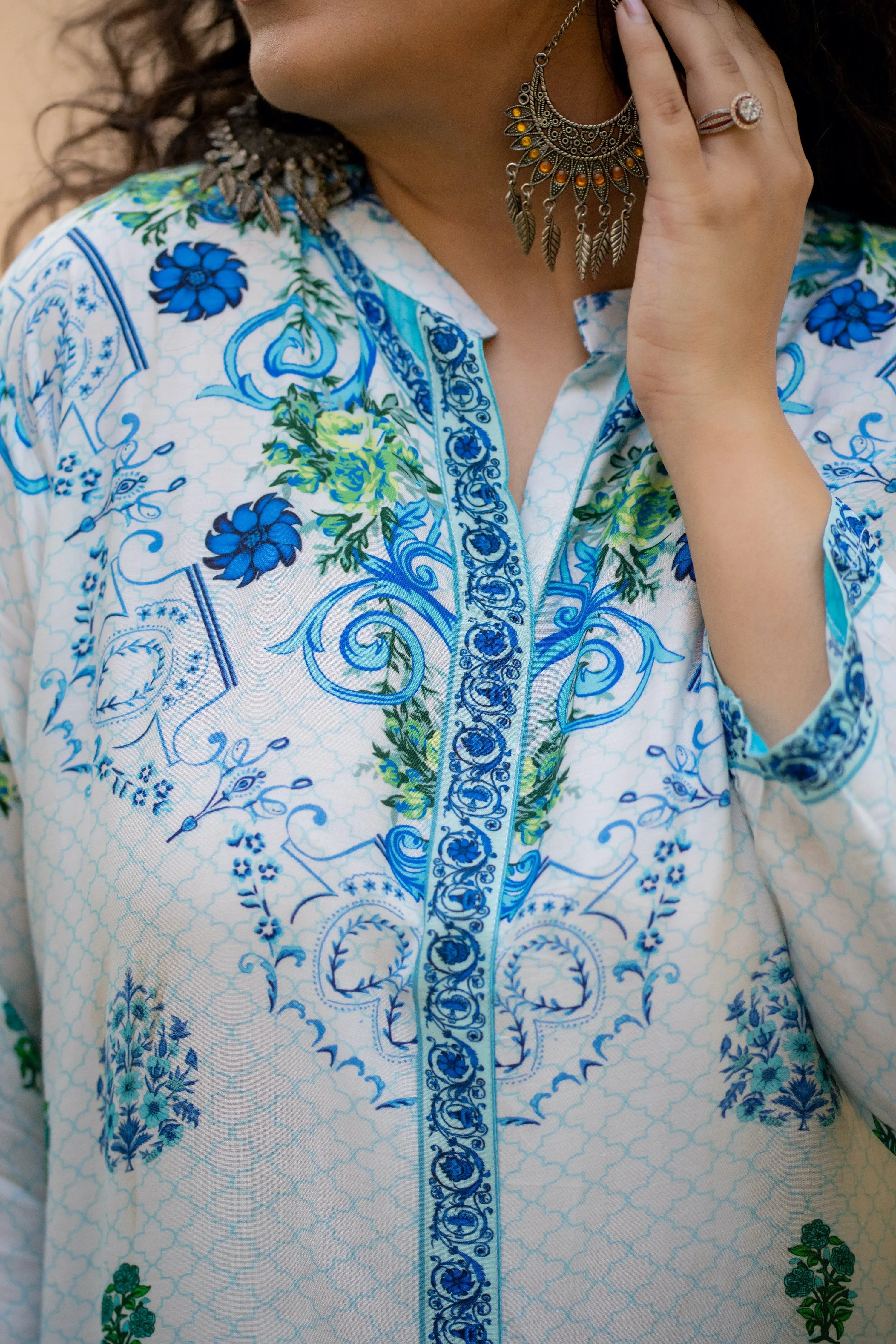 Blue and White Pocket Kurta