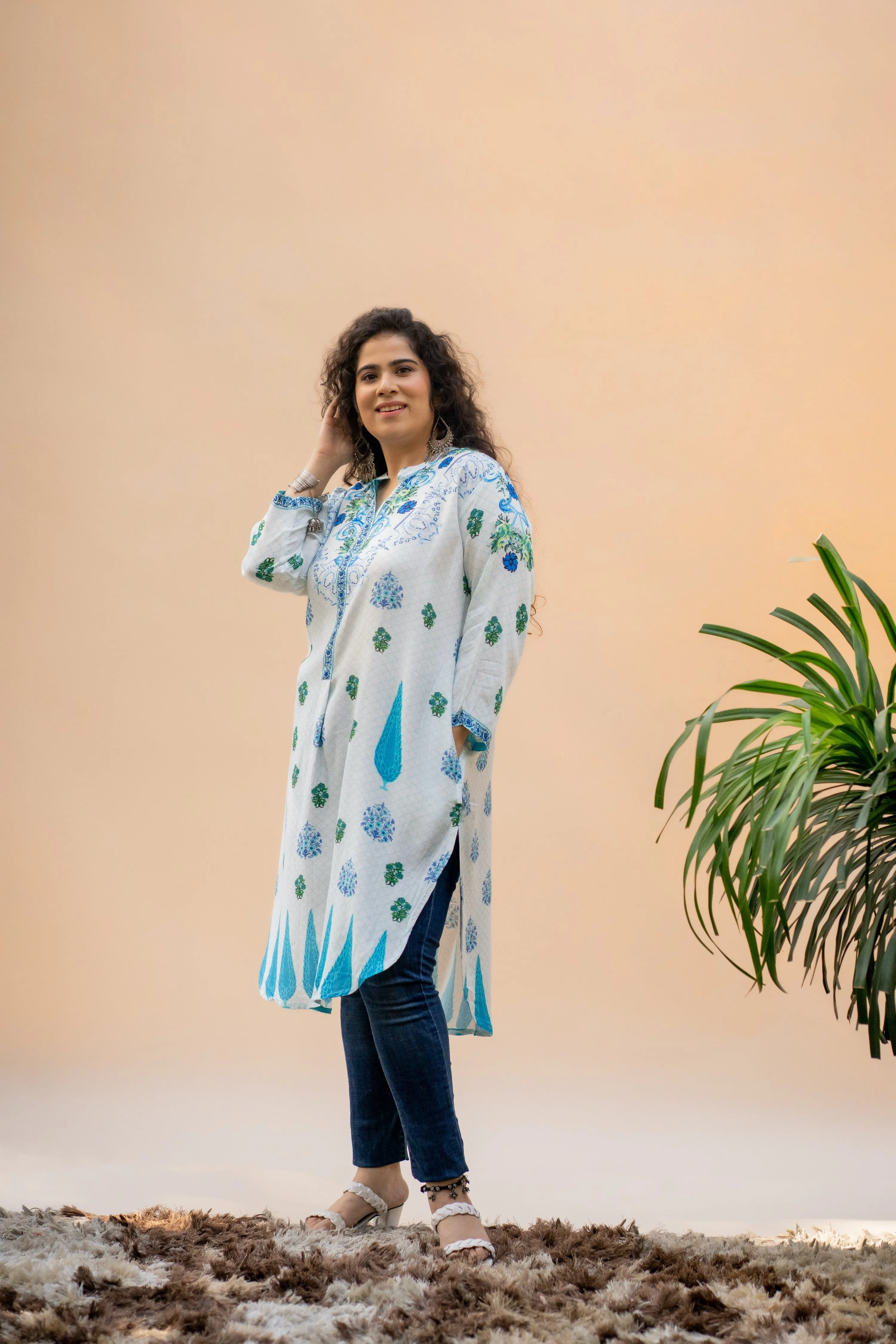 Blue and White Pocket Kurta
