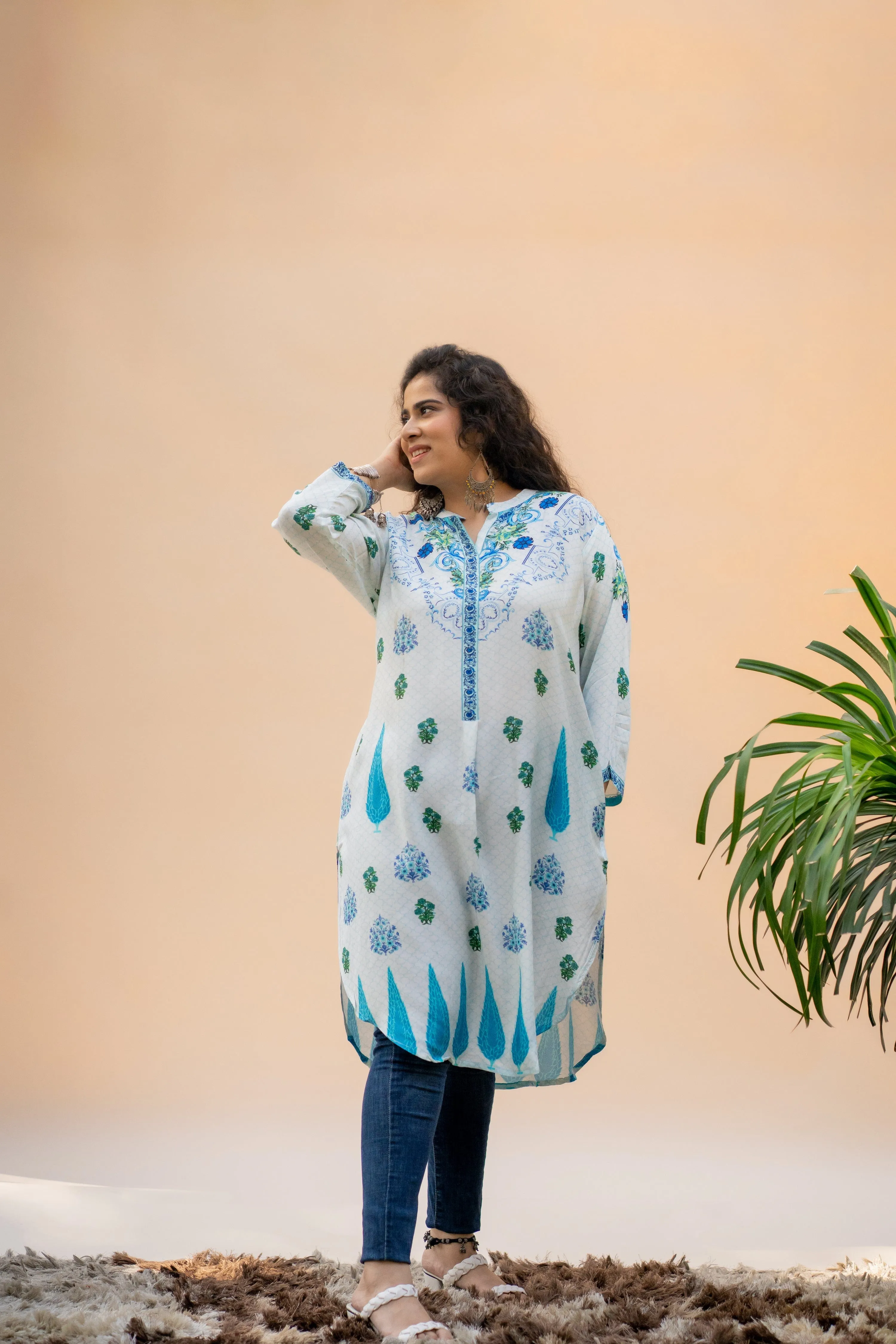 Blue and White Pocket Kurta