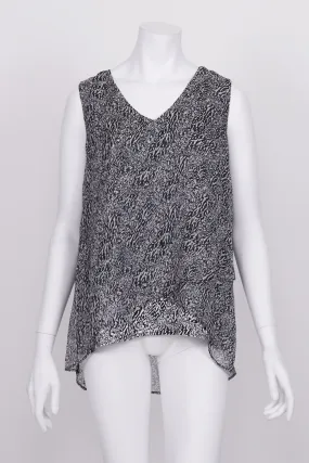 Blue Illusion Grey Patterned Sleeveless Silk Top S