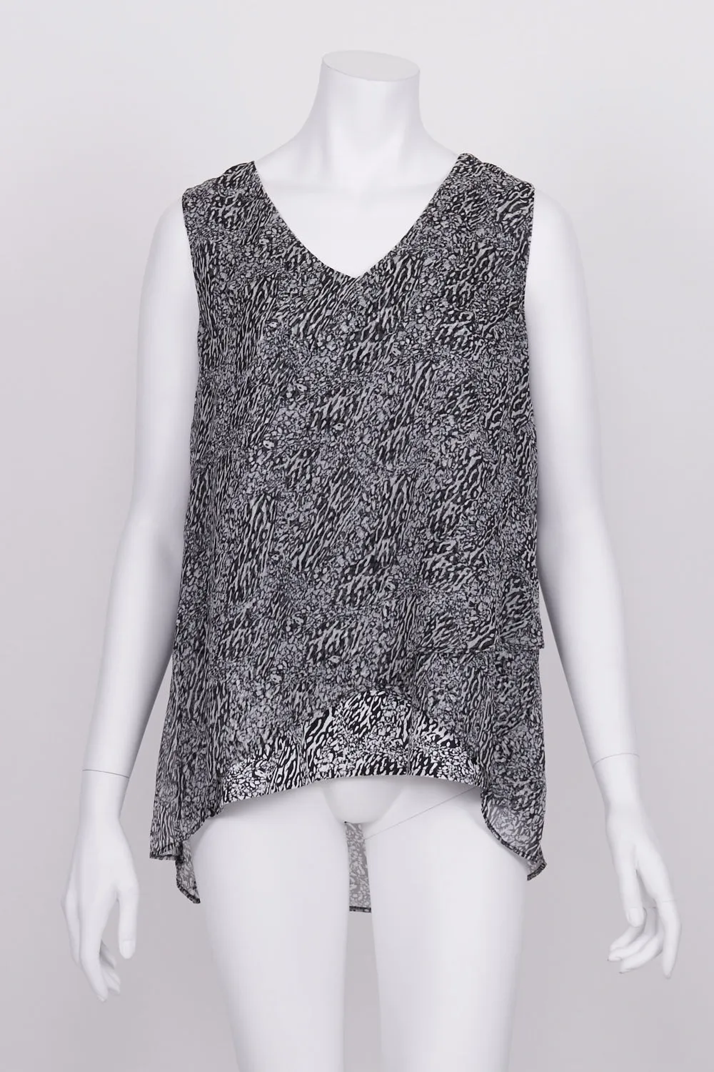 Blue Illusion Grey Patterned Sleeveless Silk Top S