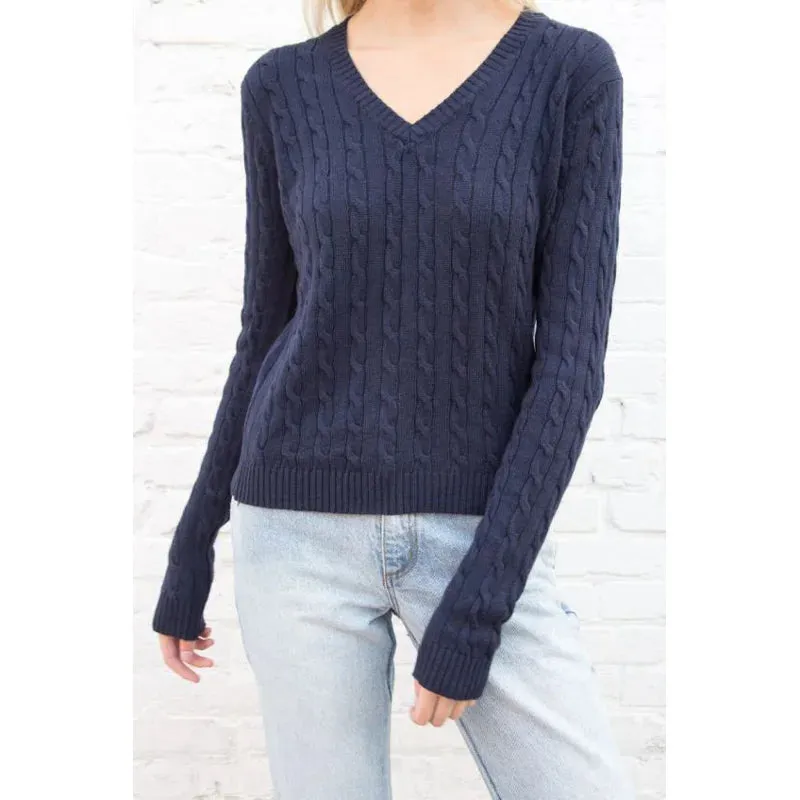 Bonnyshow Women Spring Fall Pullovers Navy Sweaters Long Sleeve V Neck Cable Knit New In Crop Tops Knitwears for Slim Girls