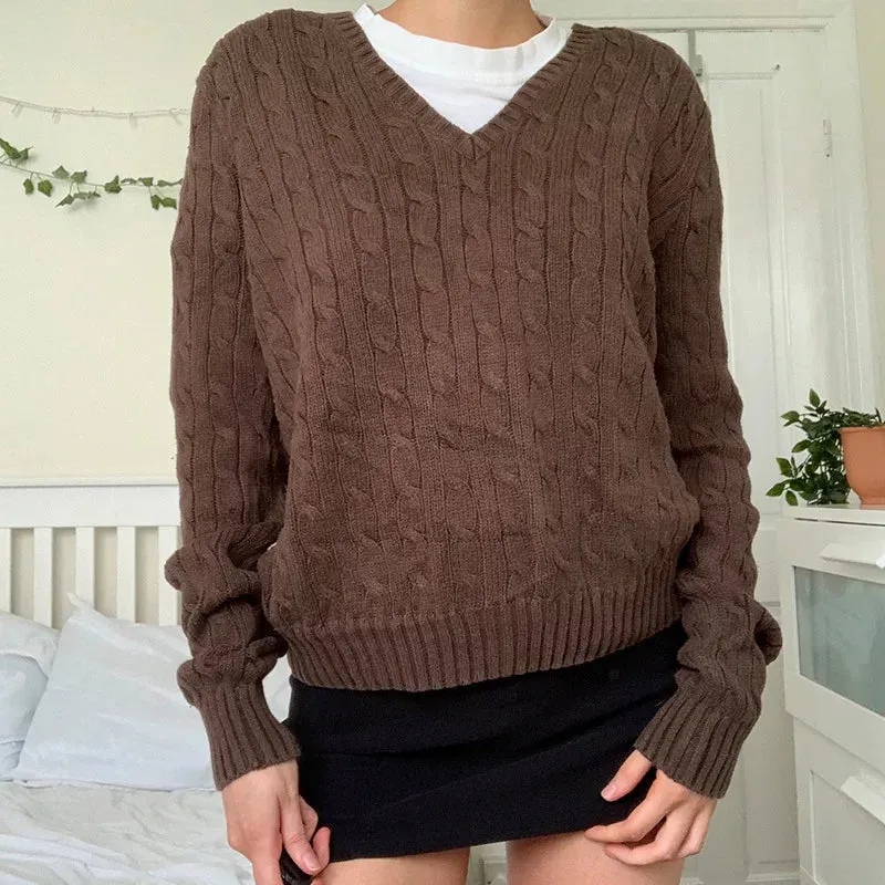 Bonnyshow Women Spring Fall Pullovers Navy Sweaters Long Sleeve V Neck Cable Knit New In Crop Tops Knitwears for Slim Girls