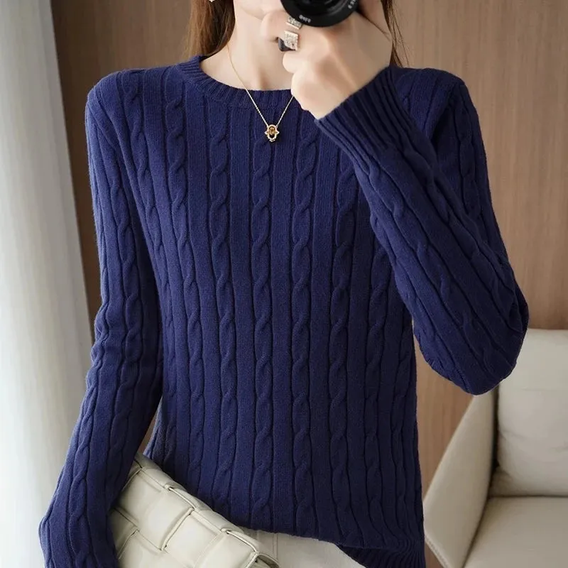 Bonnyshow Women Spring Fall Pullovers Navy Sweaters Long Sleeve V Neck Cable Knit New In Crop Tops Knitwears for Slim Girls