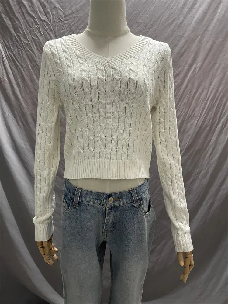 Bonnyshow Women Spring Fall Pullovers Navy Sweaters Long Sleeve V Neck Cable Knit New In Crop Tops Knitwears for Slim Girls