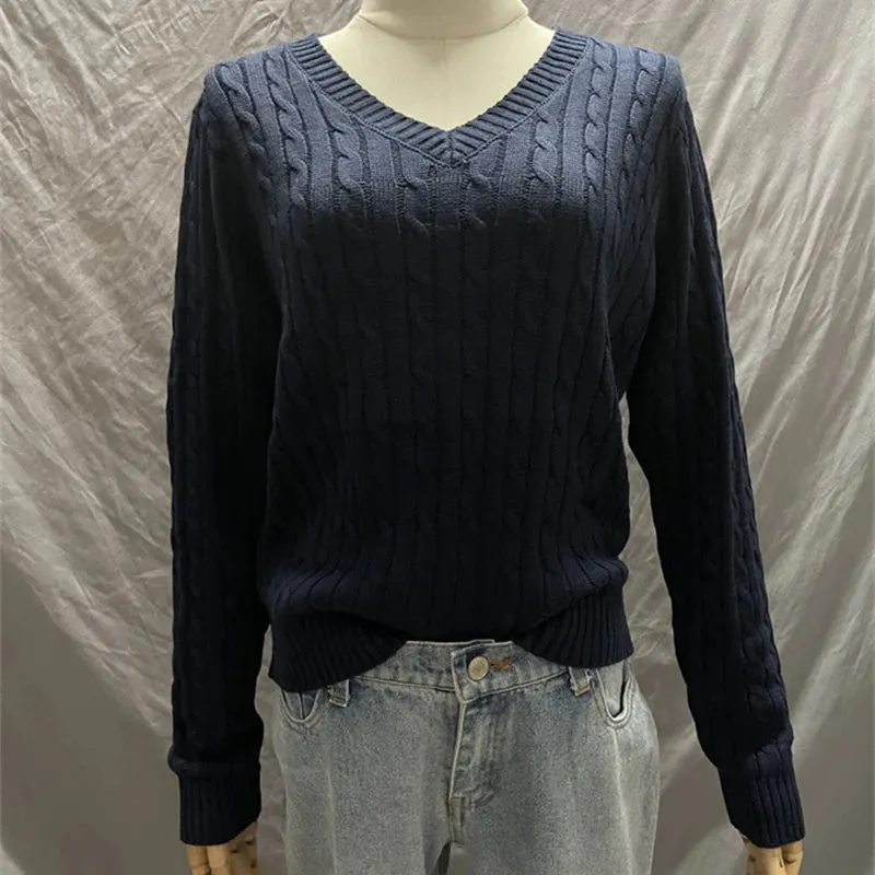 Bonnyshow Women Spring Fall Pullovers Navy Sweaters Long Sleeve V Neck Cable Knit New In Crop Tops Knitwears for Slim Girls