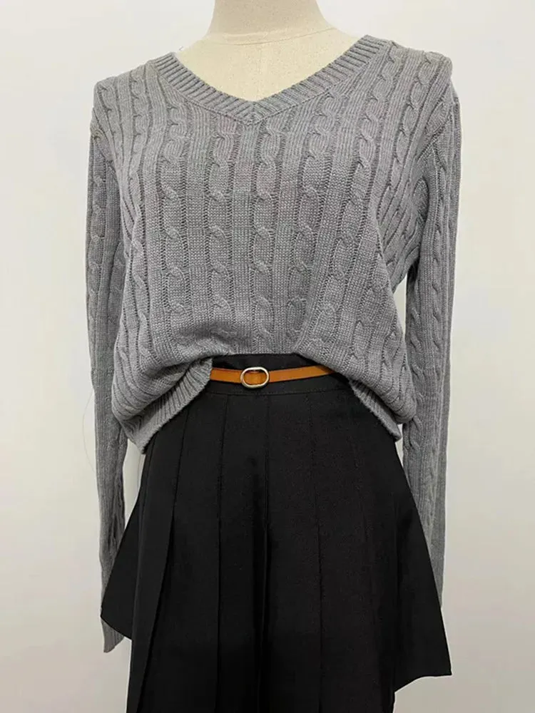 Bonnyshow Women Spring Fall Pullovers Navy Sweaters Long Sleeve V Neck Cable Knit New In Crop Tops Knitwears for Slim Girls