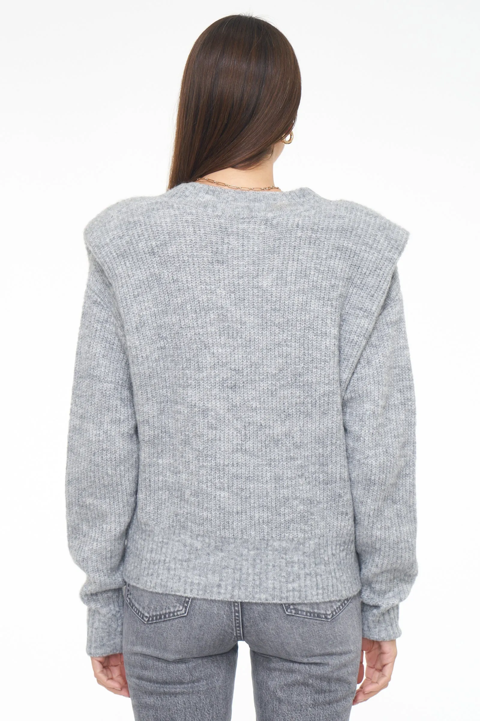 Camille V Neck Shoulder Pad Sweater - Heather Grey