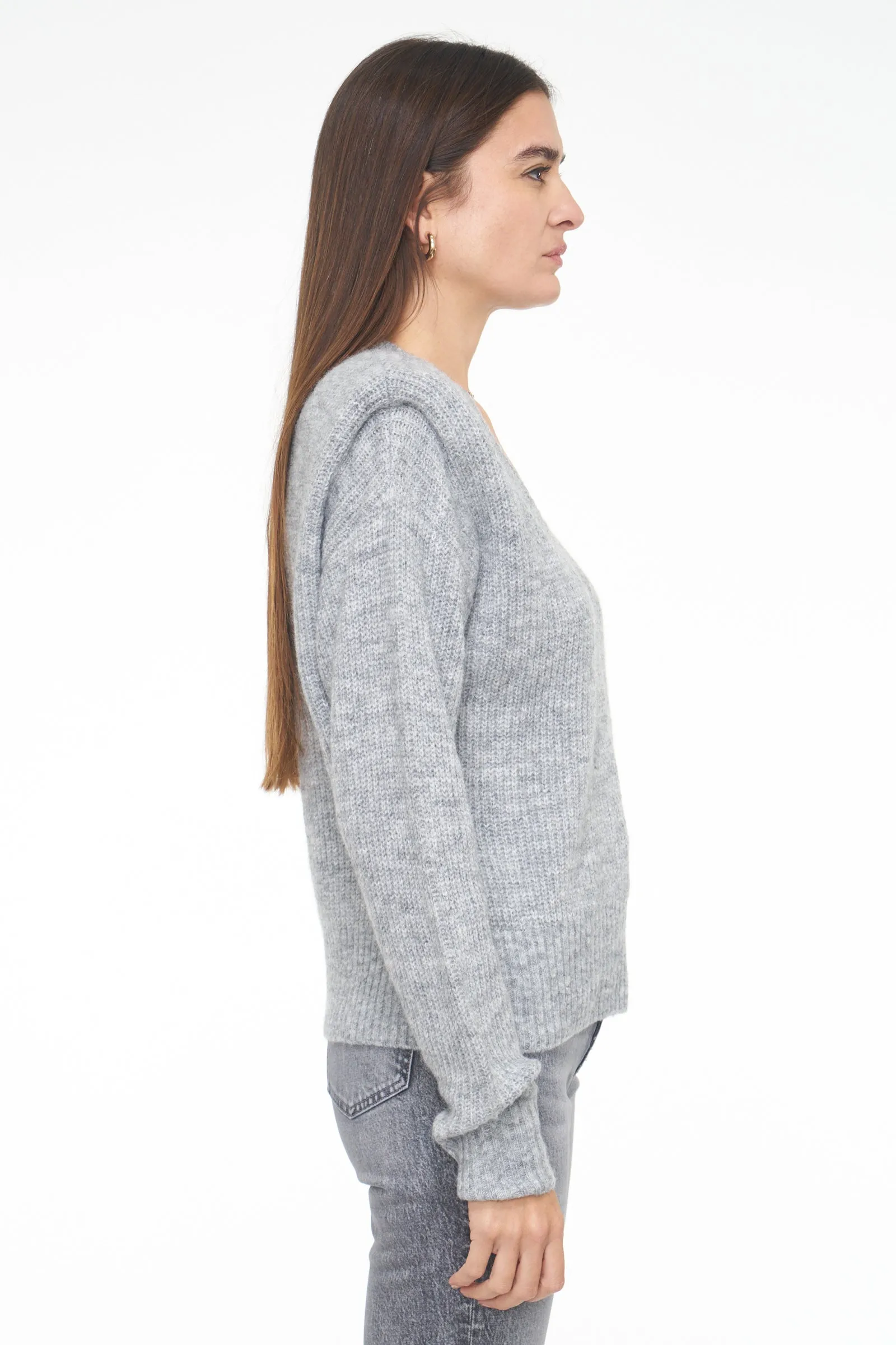 Camille V Neck Shoulder Pad Sweater - Heather Grey