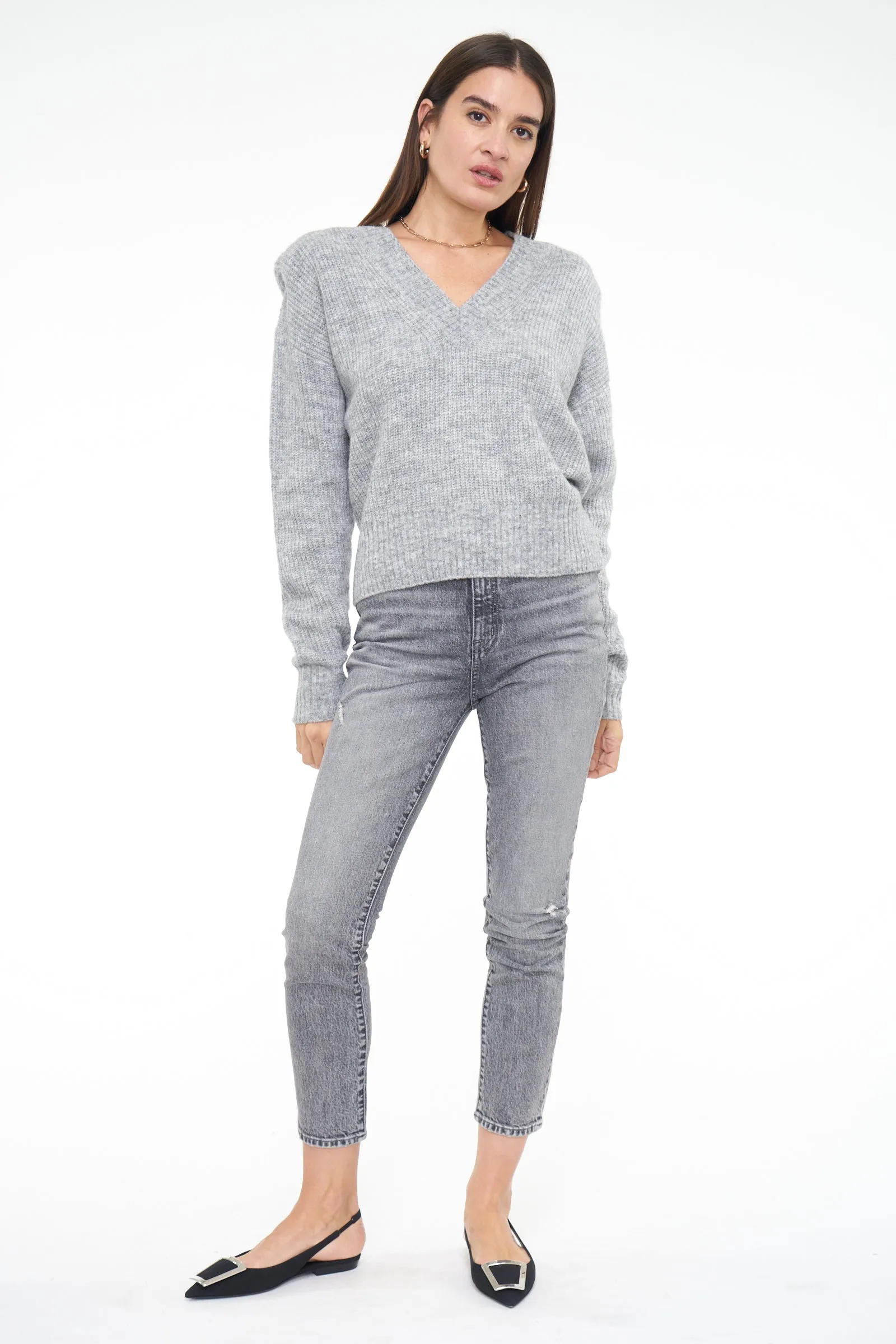 Camille V Neck Shoulder Pad Sweater - Heather Grey