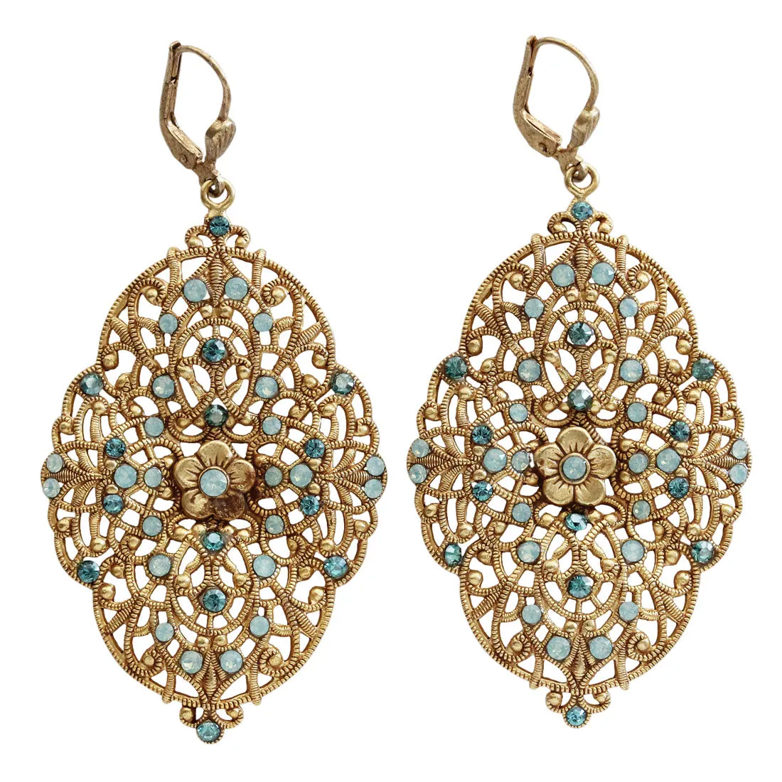 Catherine Popesco 14k Gold Plated Filigree Floral Scallop Ornate Large Statement Crystal Earrings, 4920G Pacific Blue