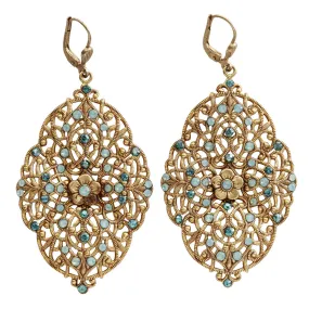Catherine Popesco 14k Gold Plated Filigree Floral Scallop Ornate Large Statement Crystal Earrings, 4920G Pacific Blue