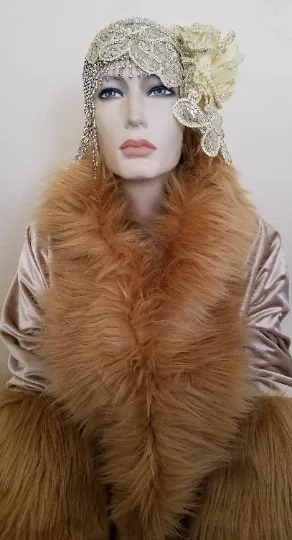 Champagne Velboa Velvet Satin & Blonde Faux Fur Reversible Gatsby Inspired Cocoon Maxi Coat
