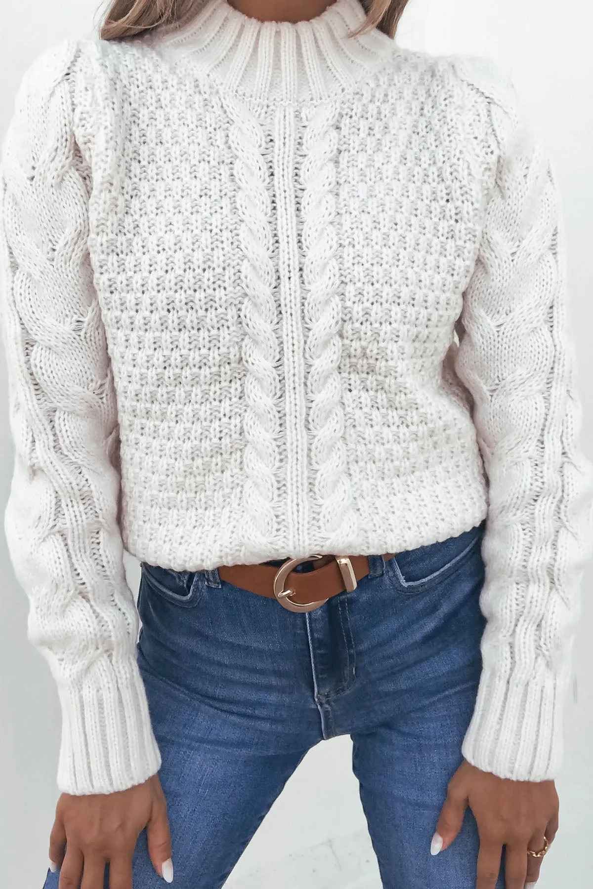 Chunky Light Cream Mock Neck Sweater
