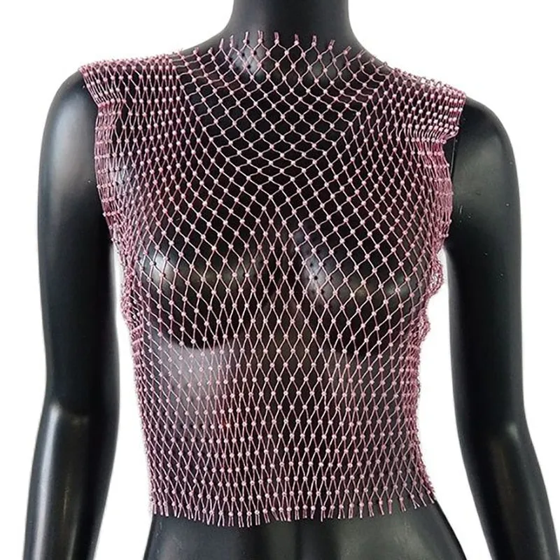 Crystal Rhinestone Embellished Mesh Tank Top - 8 Colors
