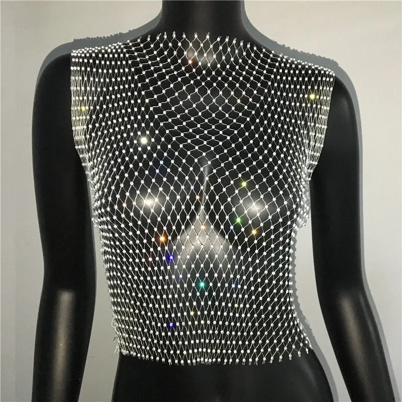 Crystal Rhinestone Embellished Mesh Tank Top - 8 Colors